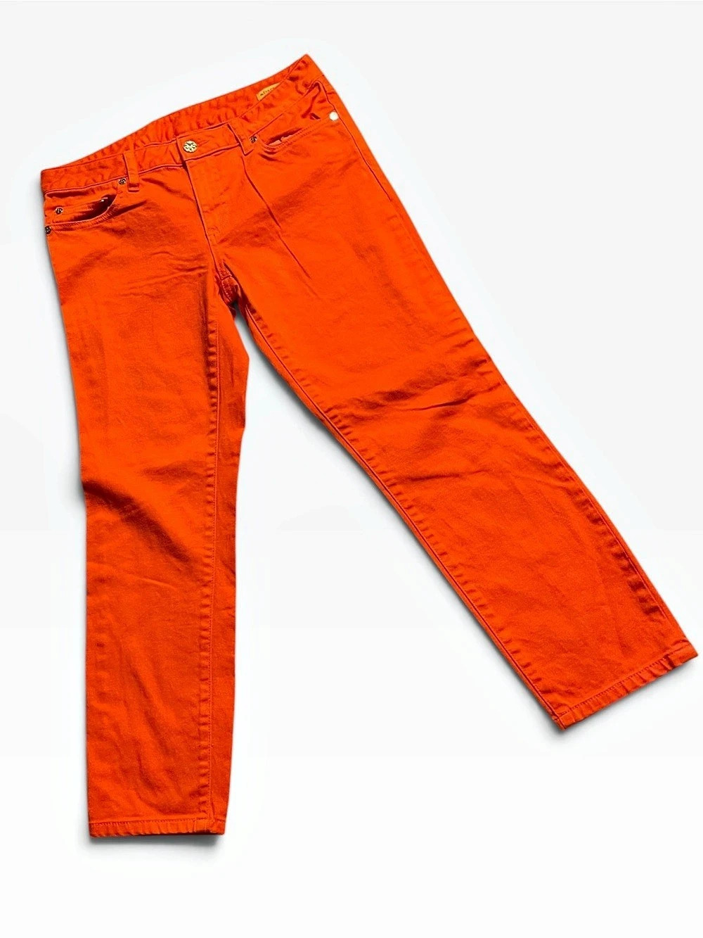 Tory Burch Alexa Cropped Skinny Jeans Orange Coral Denim Size 28